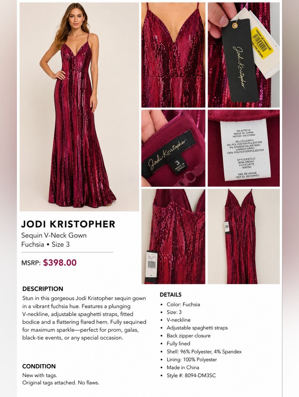 Jodi Kristopher Wine Sequin Plunge V-Neck Evening Gown NWT Size 3 - Picture 2 of 9